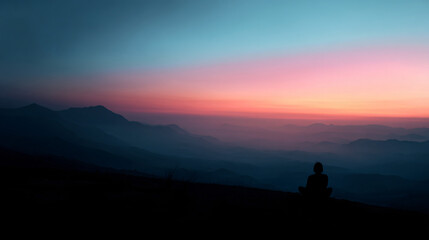 Woman meditating at sunrise on a hilltop with serene mountain scenery