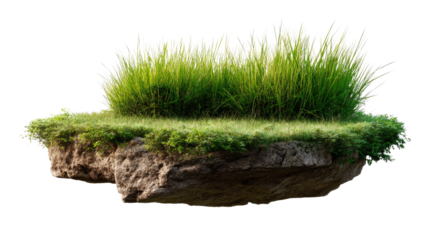 Floating Island with Grass: A small, isolated island of earth and rock floats serenely, topped with a patch of vibrant green grass. Perfect for fantasy or environmental themes.