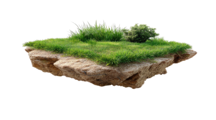 A Slice of Earthly Paradise: A captivating cross-section showcasing verdant grass, hearty soil and a touch of shrubbery floating serenely, epitomizing nature's resilience.
