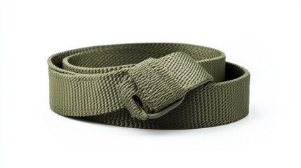 Olive green woven fabric belt with a silver buckle, rolled and isolated on a white background.