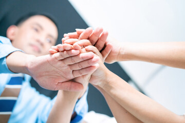 office business group celebrate. unite hand support company empower. working team conference having celebration congratulation for success project in convention room. good workplace teamwork unite