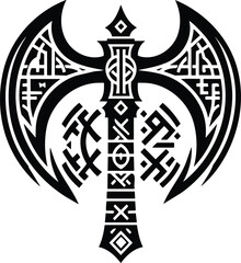 Naklejka premium Double Headed Battle Axe with Norse Runes Silhouette