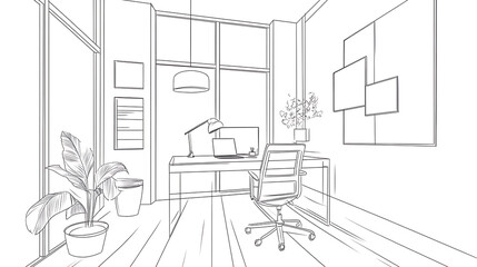 Fototapeta premium A drawing of a room with a desk and a chair