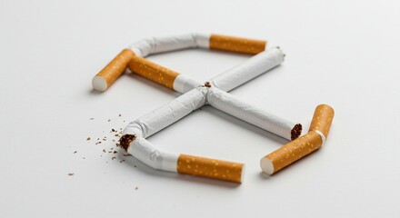Close-up of a crushed cigarette forming a no smoking sign on a clean white surface, minimalistic style, strong health message, soft shadows