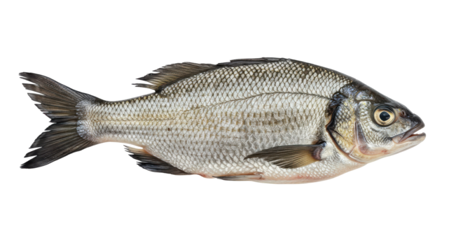 Still life of a fresh fish scales glisten under studio lights on a black background
