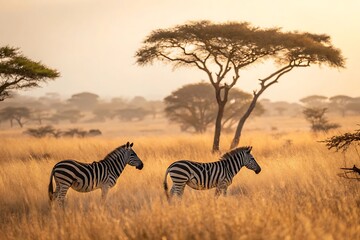 Obraz premium Two Zebras in Golden Sunlit Savanna with Tall Grasses and Acacia Trees Wildlife Photography in Warm Afternoon Light