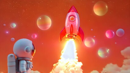 Astronaut Standing Near Rocket Ready for Launch Cartoon Style