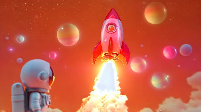 Astronaut Standing Near Rocket Ready for Launch Cartoon Style