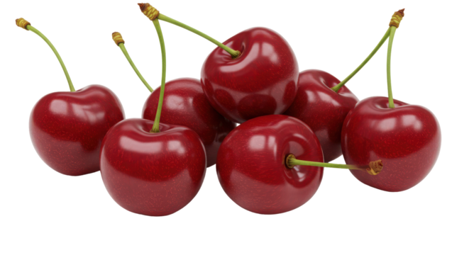 Succulent cherries gleam their stems reaching out against a dark undefined space