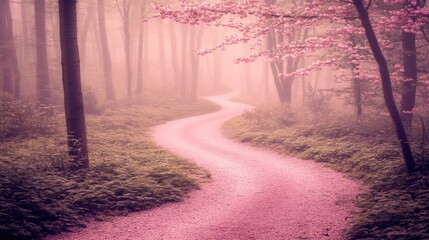 Naklejka premium Pink path winds through a misty forest of blooming trees.