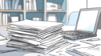 A stack of papers on a desk with a laptop and a pen