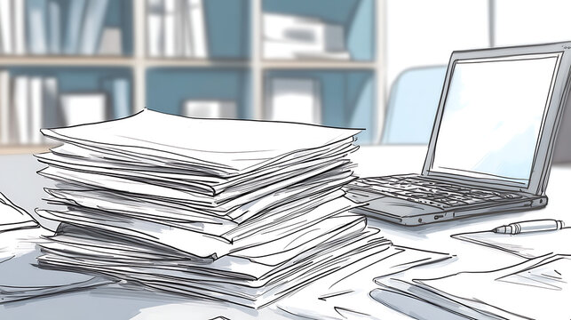 A stack of papers on a desk with a laptop and a pen