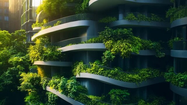 Green-covered building with plants, symbol of eco-friendly urban development and sustainable living