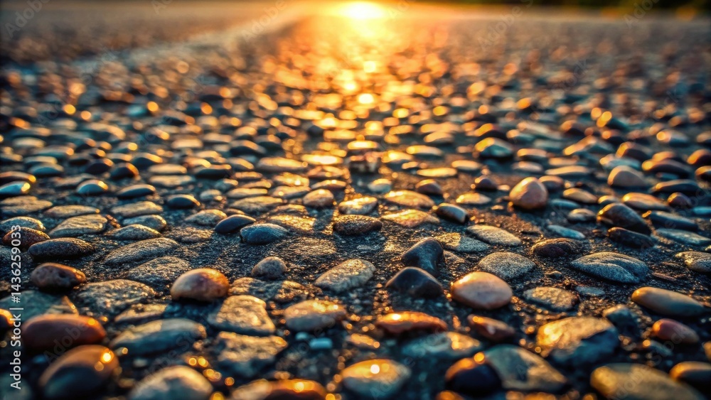 Poster golden hour pebbles a close-up view of smooth stones set in asphalt, illuminated by the warm glow of