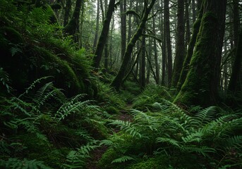 Obraz premium 深緑の森道 静かな光 苔むす巨木