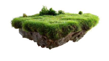 Floating Isle of Serenity: A mesmerizing view of a land floating above. Lush green grass thrives upon the islet, embodying the serenity and wonder of a hidden oasis.