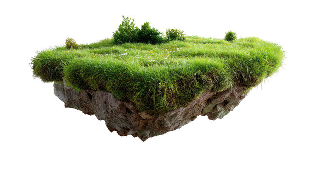 Floating Isle of Serenity: A mesmerizing view of a land floating above. Lush green grass thrives upon the islet, embodying the serenity and wonder of a hidden oasis.