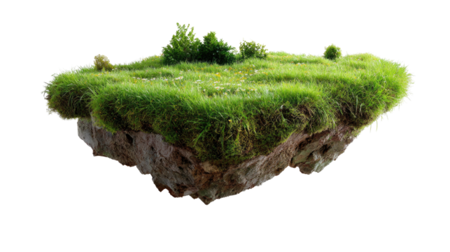 Floating Isle of Serenity: A mesmerizing view of a land floating above. Lush green grass thrives upon the islet, embodying the serenity and wonder of a hidden oasis.