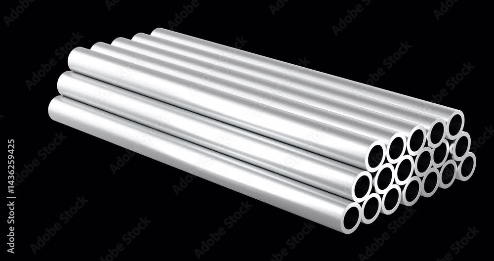 Aufkleber steel pipes, stack of stainless, steel round pipes rotation animation, seamlessly loopable. 3d rende