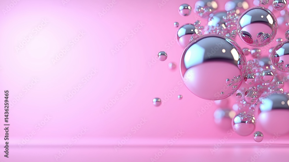 Poster Floating 3D geometric spheres create a modern abstract atmosphere in a vibrant gradient background with ample copyspace