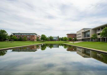 Fototapeta premium 静かな水面に映る大学風景 穏やかな朝の光