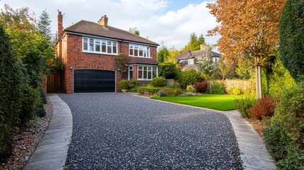 A charming brick house with a spacious driveway and well-maintained garden, showcasing autumnal foliage.