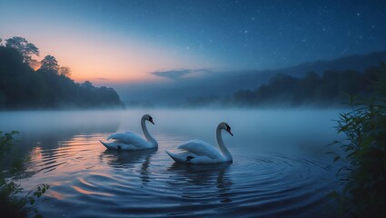 Two Swans Foggy Lake Sunset