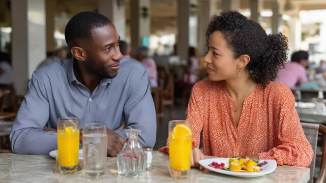Romantic Rendezvous: A couple enjoys a sun-drenched brunch, exchanging loving gazes while sharing a lighthearted moment over refreshing drinks and delicious meal at a cafe setting.