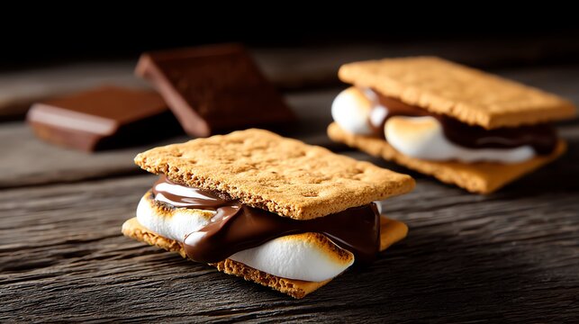 Delicious s'mores with melted chocolate and toasted marshmallow on graham crackers.