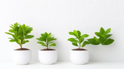 Obraz premium Three potted plants in white pots against a white background