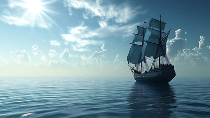 Fototapeta premium A large ship sails in the ocean with a bright sun shining on it