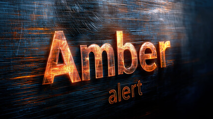Amber alert text notification message glowing with orange energy on a dark textured metallic background.