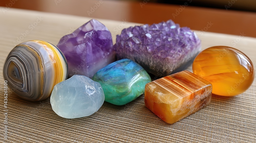 Poster Vibrant collection of agates amethyst and geodes displayed on a textured surface