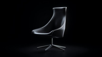 Modern black swivel chair with a sleek design against a dark background.