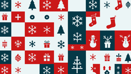 Festive Christmas Pattern Background_Holiday Season Icons_Snowflakes_Trees_Gifts_Stockings_Cheerful Xmas Design_Modern_Colorful_Celebration_Winter Theme