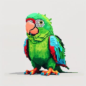 Green parrot stuff toy square pixel art cartoon design on plain white background illustration