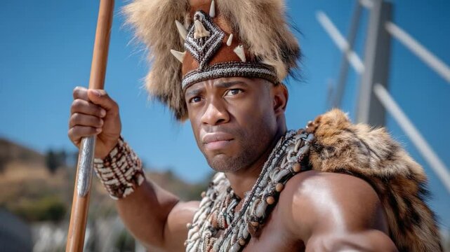 Zulu Warrior Portrait: A proud Zulu warrior stares intensely into the camera, his traditional attire and fierce expression reflecting his strength and cultural heritage. The warrior holds a spear.