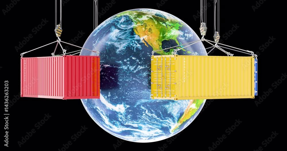 Poster earth globe with cargo containers on the hooks. animation, seamlessly loopable. global cargo shippin