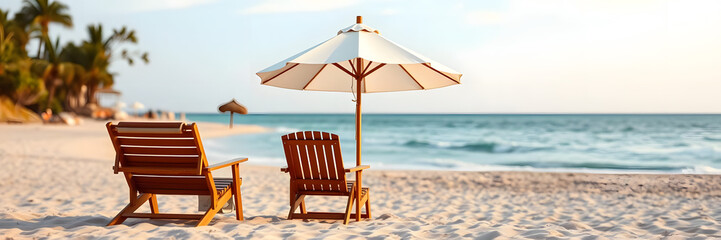 Illustration of two beach chairs and umbrella on a beautiful tropical beach vacation