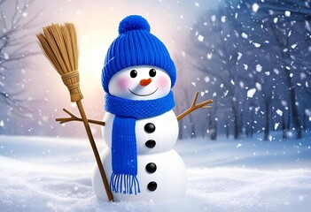 Cute snowman wearing a blue hat and scarf standing in a snowy winter wonderland, smiling and holding a broom as snowflakes gently fall around.