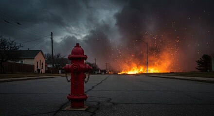 Red Fire Hydrant Stands Watchful Amidst a Suburban Blaze
