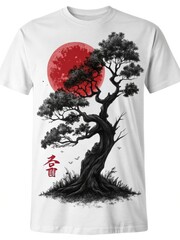 Graphic design with isolated tree and symbolic red sun for white t-shirt
