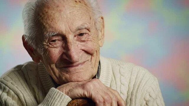 Cheerful Elderly Man with Silver Hair Smiling While Resting Chin on Hand Against a Colorful Background, Capturing a Moment of Wisdom and Joy in His 80s