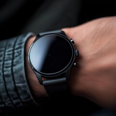 Black smartwatch on wrist with dark background