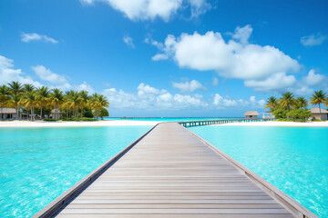 Fototapeta premium wooden walkway leads to a white sand beach with palm trees