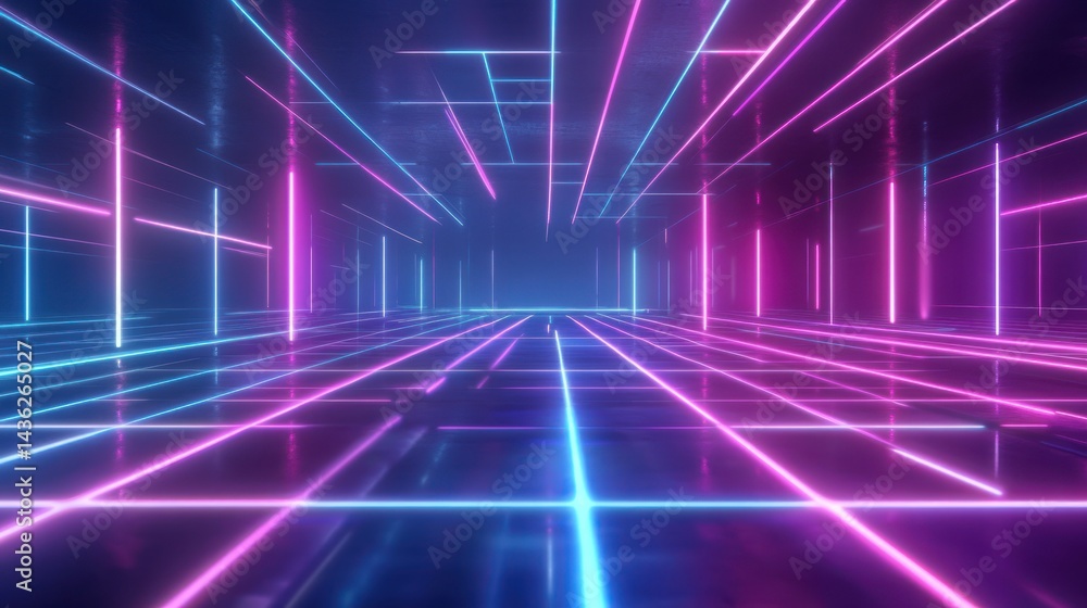Poster illuminated virtual pathway: a 3d abstract grid with glowing lines of vibrant color