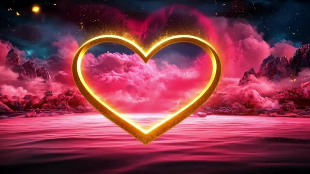 Fiery heart in mystic landscape with vibrant pink and gold atmosphere. The 14th of February. Happy Valentine's Day