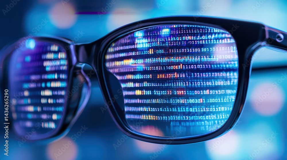 Poster digital glasses with binary code reflection in background