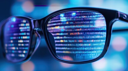 Digital Glasses with Binary Code Reflection in Background