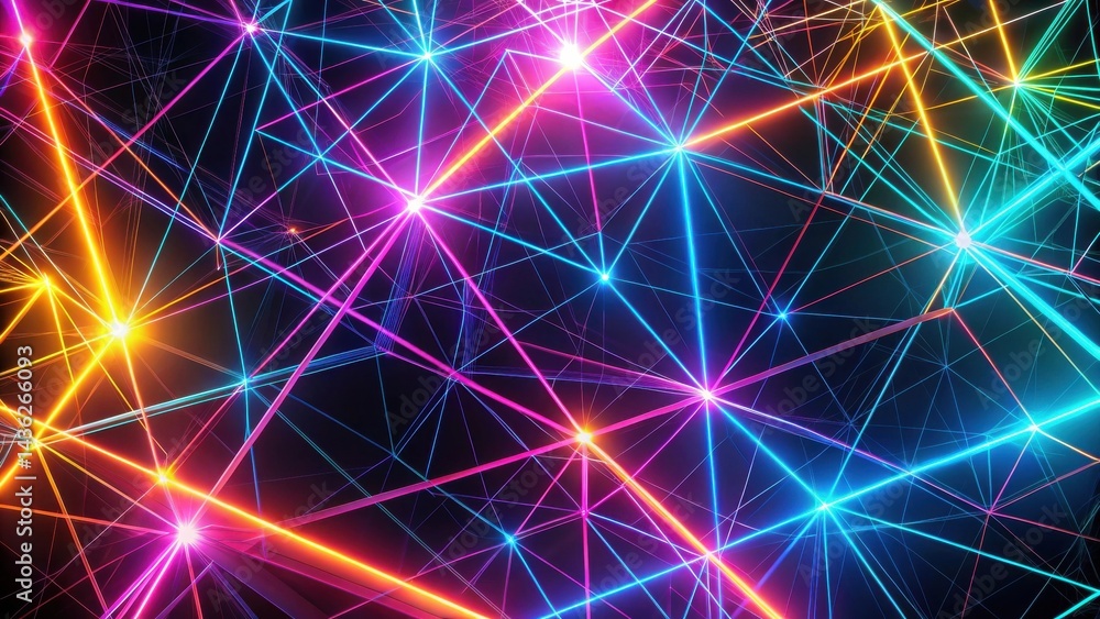 Poster Vibrant Neon Lines Intertwined in a Complex Geometric Network Forming an Abstract Design with Glowing Points of Light